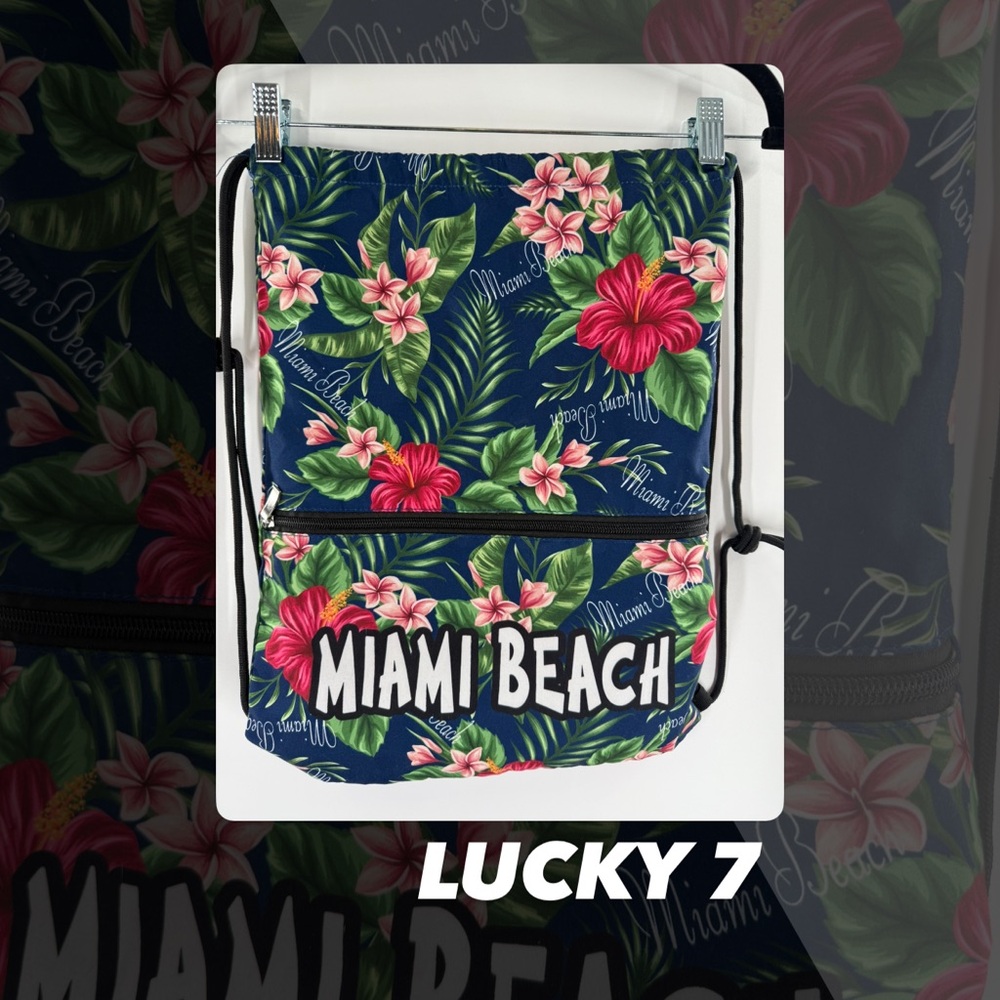 EUC Lucky 7 Tropical Print Miami Beach Drawstring Backpack
